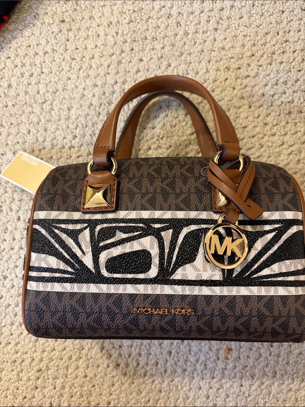 Michael Kors Brown and Tan Logo Satchel with Black Graphic Stripe